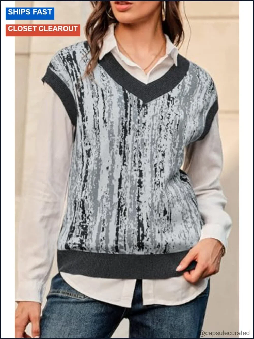 Wool Blend Knit V-Neck Sleeveless Sweater Vest Layering Top